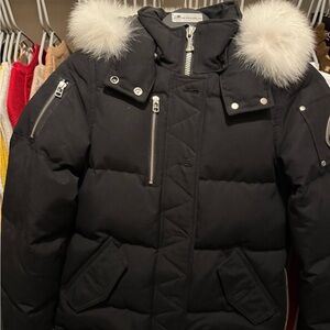 Moose Knuckles Black Puffer Jacket with White Fur Hood